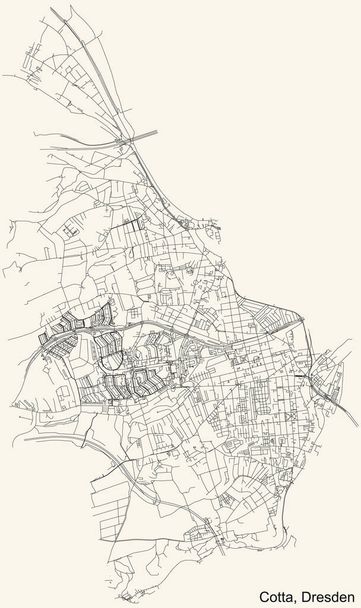 Black simple detailed street roads map on vintage beige background of the quarter Cotta district of Dresden, Germany - Vector, Image