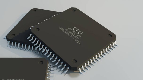 CPU computer processors lying on white flat surface. Side view. 3D Rendering. - Fotó, kép