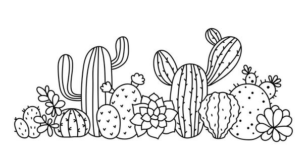 Cactus and succulent floral border clipart, Cactus composition isolated items on white background, black and white line botanical decorative element - vector illustration - Vektor, Bild