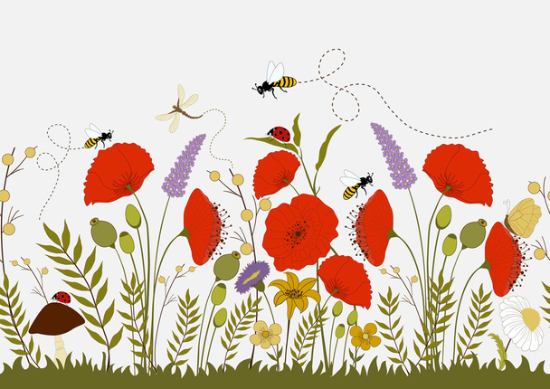 Colorful wild flowers, seamless illustration - Διάνυσμα, εικόνα