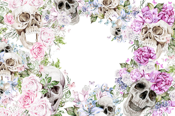 Акварель с черепами и цветочными розами, лилия, пион. Иллюстрация - Фото, изображение