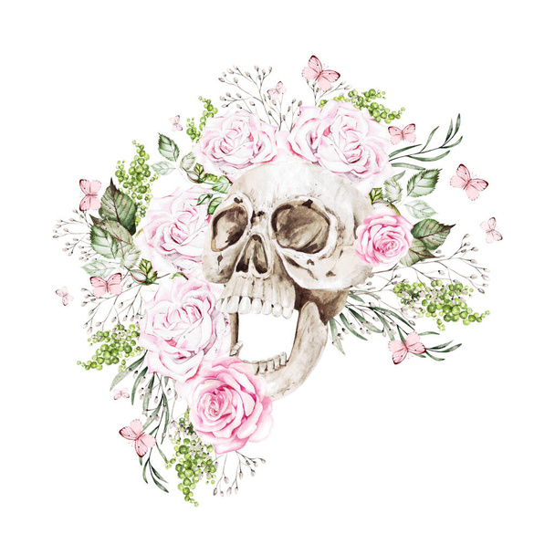 Красивый череп акварели с цветами пиона и роз. Иллюстрация - Фото, изображение