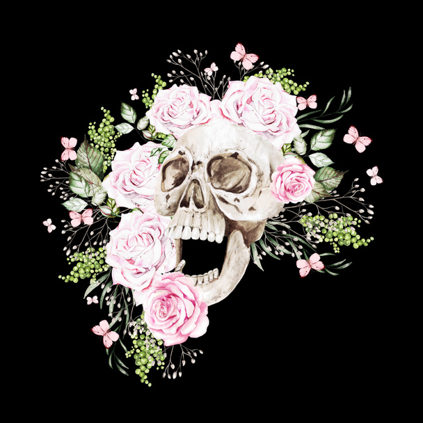 Красивый череп акварели с цветами пиона и роз. Иллюстрация - Фото, изображение