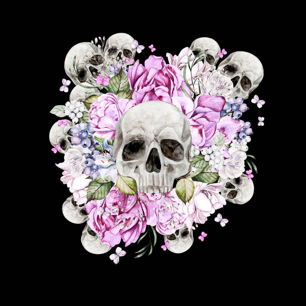 Beautiful watercolor skull with flowers of peony and roses. Illustration - Photo, Image
