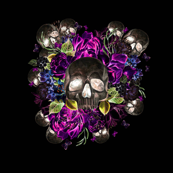 Belle aquarelle crâne avec des fleurs de pivoine et de roses. Illustration - Photo, image