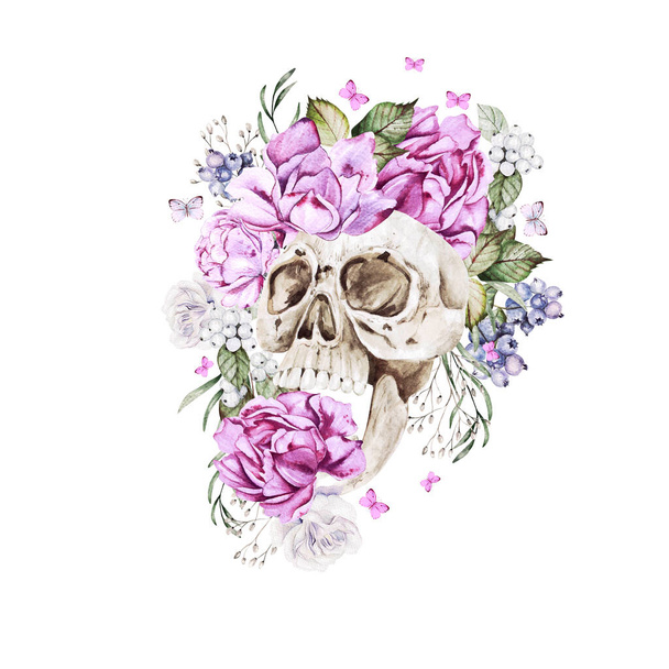 Gyönyörű akvarell koponya bazsarózsa és rózsa virágokkal. Illusztráció - Fotó, kép
