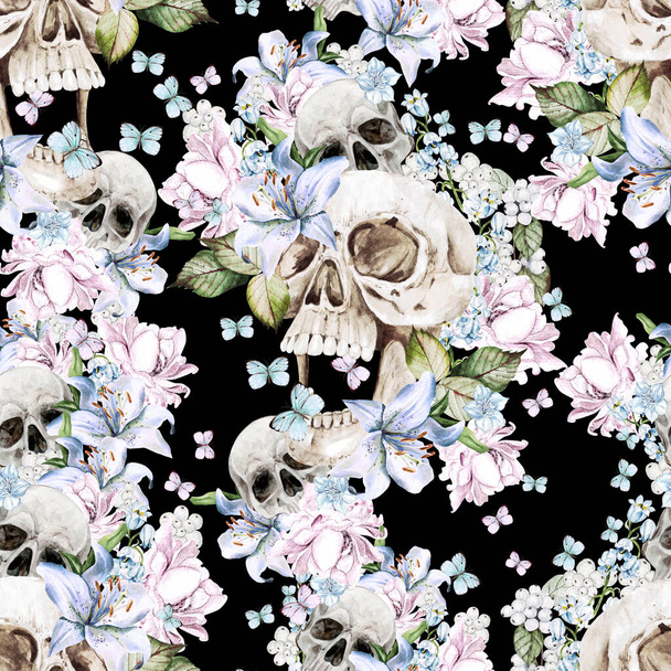 Beautiful watercolor seamless pattern with skull and flowers of peony and roses.  Illustration - Photo, Image