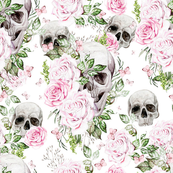 Padrão sem costura aquarela bonita com crânio e flores de peônia e rosas. Ilustração - Foto, Imagem