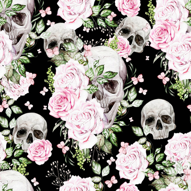 Beautiful watercolor seamless pattern with skull and flowers of peony and roses.  Illustration - Photo, Image