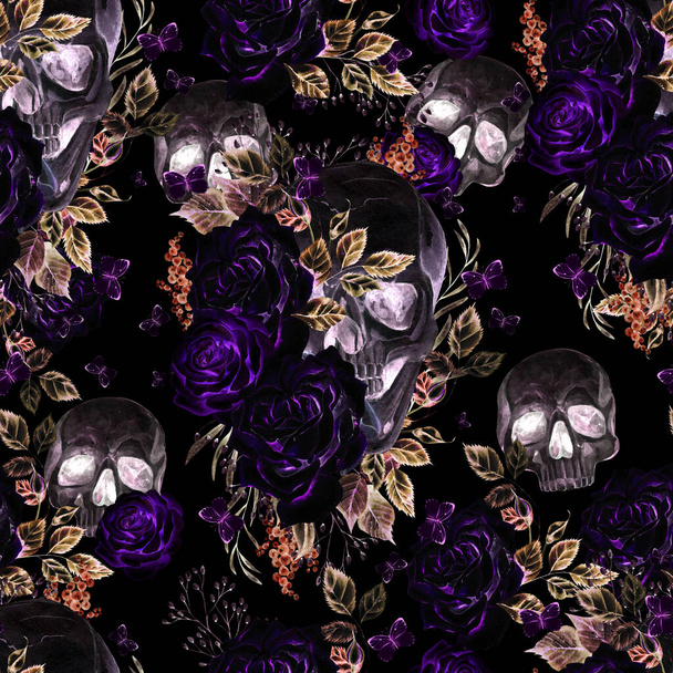 Schöne Aquarell nahtlose Muster mit Totenkopf und Blumen von Pfingstrosen und Rosen. Illustration - Foto, Bild