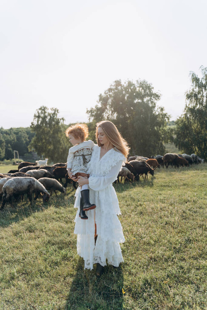 The beautiful woman in a white lace dress spending time with her little redhead daughter on the field with goats and sheep - Photo, image