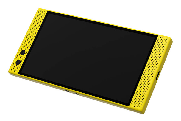 Front view of yellow smartphone with empty screen, concept of mobile gaming. 3D rendering of online games - Foto, immagini