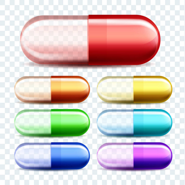 Medizinische Kapseln Pillen Verschiedene Farben Set Vektor. Sammlung von farbenfrohen pharmazeutischen transparenten Medizin-Kapseln. Schmerzmittel Health Care Drug Template Realistische 3D-Illustrationen - Vektor, Bild