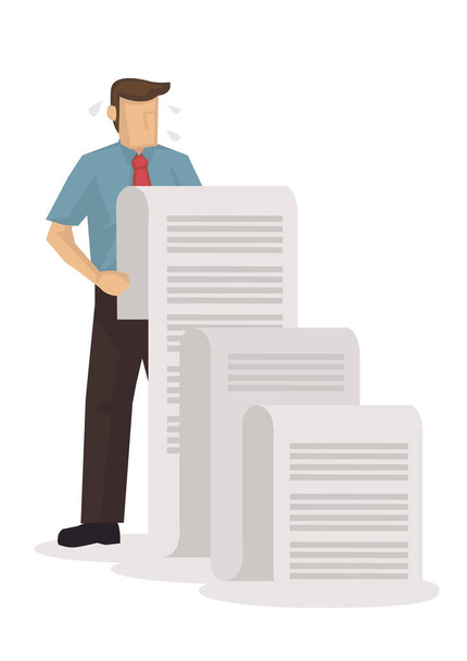 Business employee holding a long list of tasks. Businessman busy with work. Flat character vector illustration. - Vector, Imagen