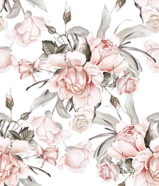 Seamless spring pattern with a bouquet of peonies. Vintage wallpaper with flowers in pastel colors - Фото, зображення