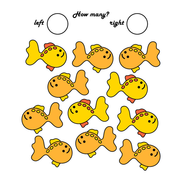 就学前の子供のためのゲーム。左へ泳ぐ魚の数と左へ泳ぐ魚の数を数えます。結果を書きなさい。動きの方向を研究するためのベクトル図。空間方向. - ベクター画像