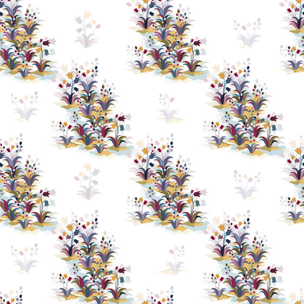 Handgetekende meerkleurige planten en bloemenbellen naadloos patroon - Vector, afbeelding