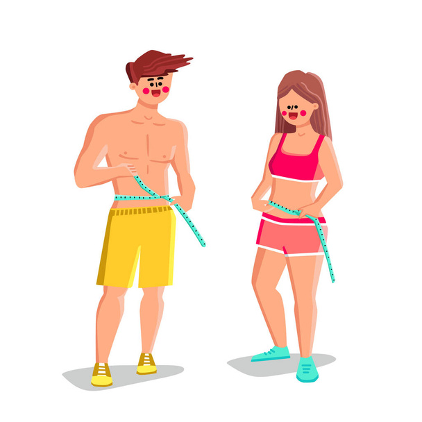 Slim People Couple Measuring Waistline Vector. Young Man And Woman Sportspeople Measure Perfect Slim Body With Centimeter. Characters Boy And Girl Sport Lifestyle Flat Cartoon Illustration - Vector, imagen