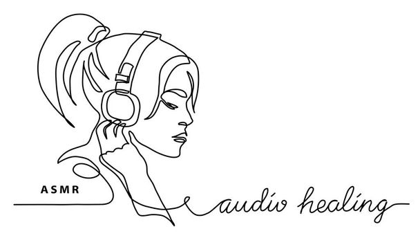 ASMR concept.Girl, woman in headphones simple vector banner, poster, background. One continuous line drawing with text audio healing - Vector, Imagen