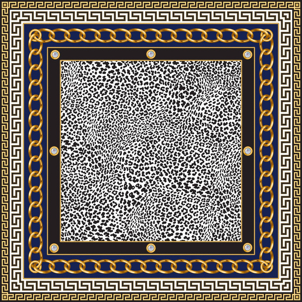 Estampado Bandana sobre fondo de piel de leopardo negro y beige, friso de cadenas y cables dorados, pergaminos barrocos y piedras de perlas de joyería cabujón. Bufanda, pañuelo, pañuelo, alfombra, alfombra, estera - Vector, imagen