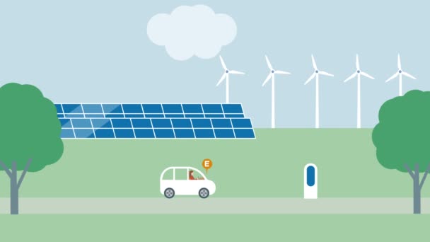Een elektrisch voertuig dat wordt opgeladen bij een EV-laadstation. Duurzame energie eco-video beeld van zonnepanelen en windturbines - Video