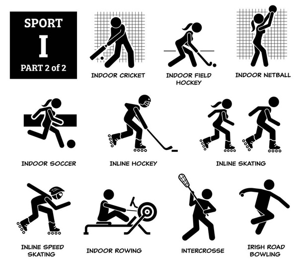Αθλητικά παιχνίδια αλφάβητο διάνυσμα εικονίδια εικονόγραμμα. Εσωτερική κρίκετ, χόκεϊ επί χόρτου, netball, εσωτερική ποδόσφαιρο, inline χόκεϊ, inline πατινάζ, πατινάζ ταχύτητας, κωπηλασία, intercrosse, ιρλανδική μπόουλινγκ δρόμο. - Διάνυσμα, εικόνα
