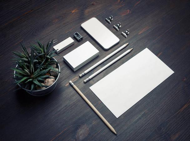 Photo of blank stationery set on wooden background. Blank stationery template for branding identity for designers. - 写真・画像