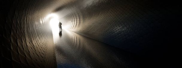 Concepto o túnel oscuro conceptual con una luz brillante al final o salida como metáfora del éxito, la fe, el futuro o la esperanza, una silueta negra del hombre caminante a una nueva oportunidad o libertad 3d ilustración - Foto, Imagen