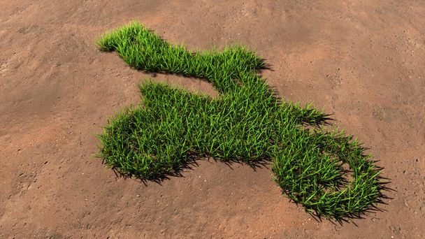 Koncepció vagy koncepció zöld nyári gyep fű szimbólum alakú barna talaj vagy föld háttér, jele kaszkadőr egy motorkerékpár. 3D illusztráció metafora sport, adrenalin, extrém veszély és szórakozás - Fotó, kép