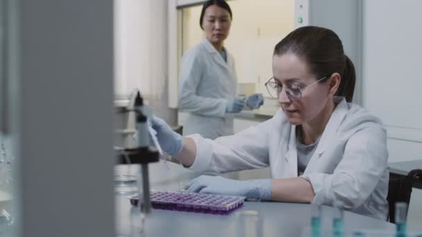 Slowmo tracking portrait of disabled female chemist in wheelchair putting solution into petri dish and posing for camera Scientists in white coats doing research in background - Footage, Video