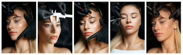 Collage aus Aufnahmen: Schöne Frau mit permanenter Augenbrauen-Prozedur im Schönheitssalon - Foto, Bild