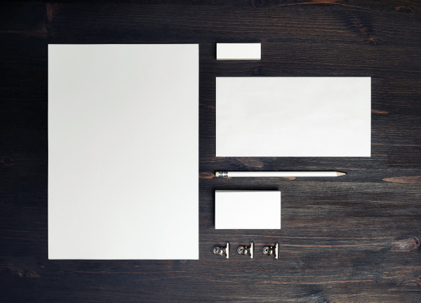 Blank corporate stationery set on wooden background. Template for branding design. Branding mock up. Flat lay. - Foto, Imagen