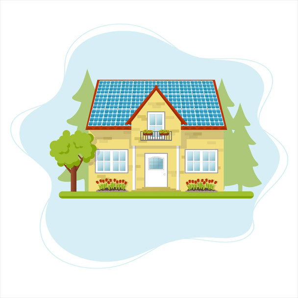 Maaseudun talo aurinkosähkö paneelit sen katolla ja puita ympärillä. Talo, jossa on aurinkopaneelit katolla. Vihreän energian käsite. Aurinkovoimakenttä. Tasavektorin kuva. - Vektori, kuva