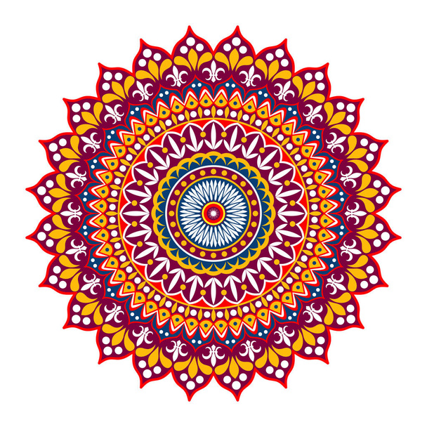 Bunte Mandala-Illustration im Doodle-Stil. Vector handgezeichnetes Doodle Mandala mit Herzen. Leuchtende Farben Mandala-Design für Druck, Poster, Cover, Broschüre, Flyer, Banner, Buchumschlag. - Vektor, Bild