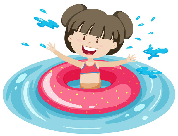 Cute girl z różowym pierścieniem pływania w wodzie odizolowane ilustracji - Wektor, obraz