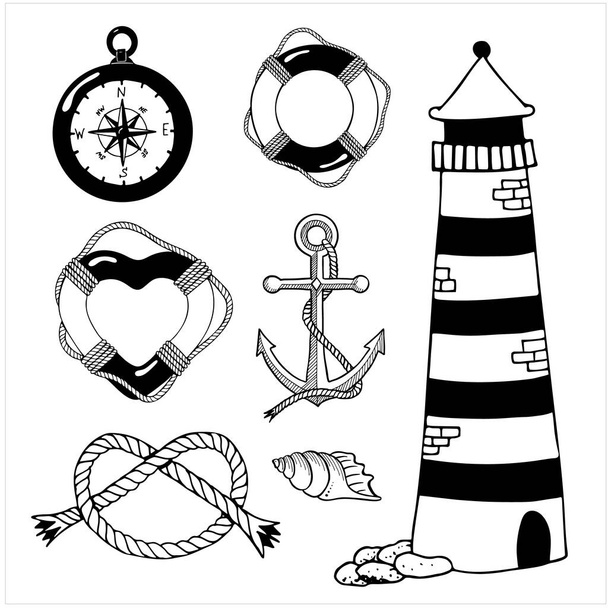Sada ručně kreslených vektorových ilustrací v černobílé barvě. Mořské klima s životním kruhem a srdcem ve tvaru prstence, kompas, kotva, skořepina, lanový uzel a maják - Vektor, obrázek