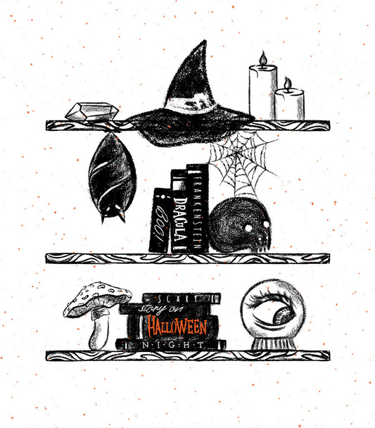 Étagère d'Halloween avec cristal, chapeau de sorcière, bougies, toile d'araignée, chauve-souris, livres, crâne, champignons, histoire effrayante, éléments de boule d'esprit et icônes pour les décorations à la main style dessin au charbon - Vecteur, image