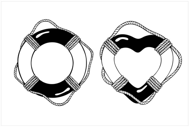 Anillos de vida con cuerda de barco de mar y su versión romántica, ilustración vectorial aislada dibujada a mano en blanco y negro - Vector, imagen