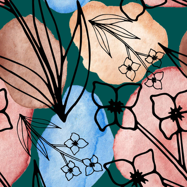 ラインアートの花や水彩の汚れに葉との創造的なシームレスなパターン。トレンディ抽象的な現代ヴィンテージ｜print. - 写真・画像
