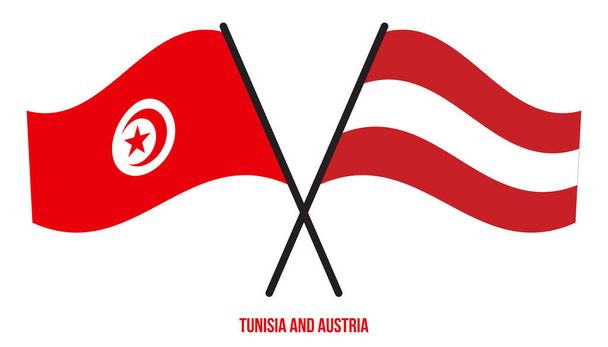 Flagi Tunezji i Austrii przeszły i machały w stylu płaskim. Oficjalna proporcja. Prawidłowe kolory. - Wektor, obraz