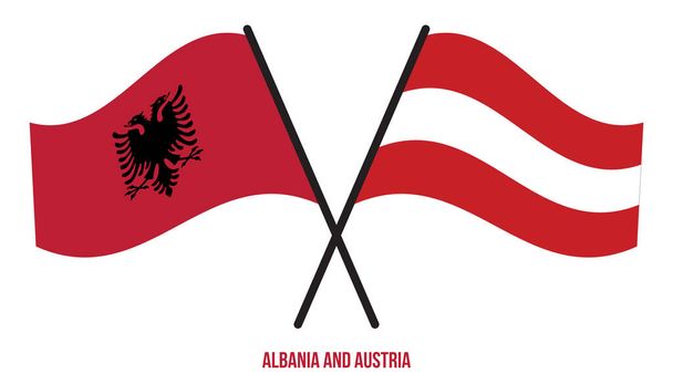 Αλβανία και Αυστρία Σταυρωτές Σημαίες και Κυματιστό Επίπεδο Στυλ. Επίσημη αναλογία. Διορθωμένα χρώματα. - Διάνυσμα, εικόνα
