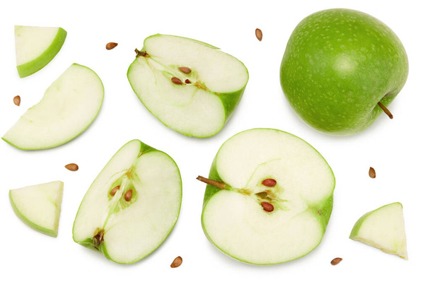 green apple with slices isolated on a white background. top view. clipping path - Foto, imagen