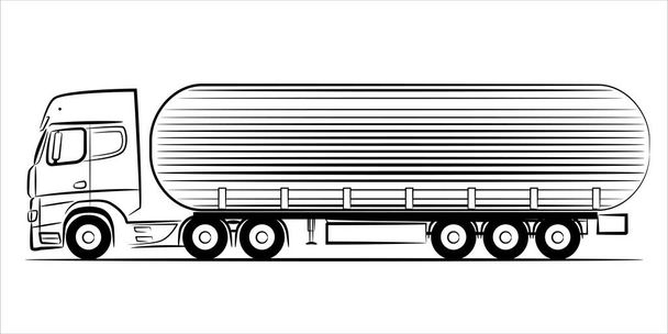 Camião-tanque de combustível silhueta abstrata sobre fundo branco. Uma arte de linha desenhada à mão de um caminhão de reboque. Vector ilustração vista de lado. - Vetor, Imagem