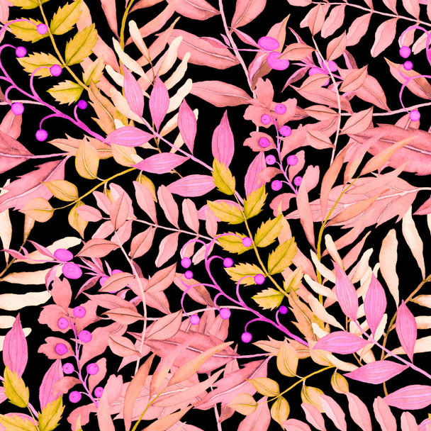 Wzór bezszwowy akwarela z liści vintage. Piękny botaniczny nadruk z kolorowymi liśćmi dla dekoracyjnego designu. Jasne tło wiosny lub lata. Klasyczny wystrój ślubny. Projekt tekstylny. - Zdjęcie, obraz