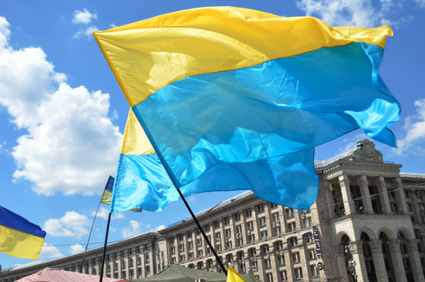 Banderas de Ucrania ondeando
 - Foto, Imagen