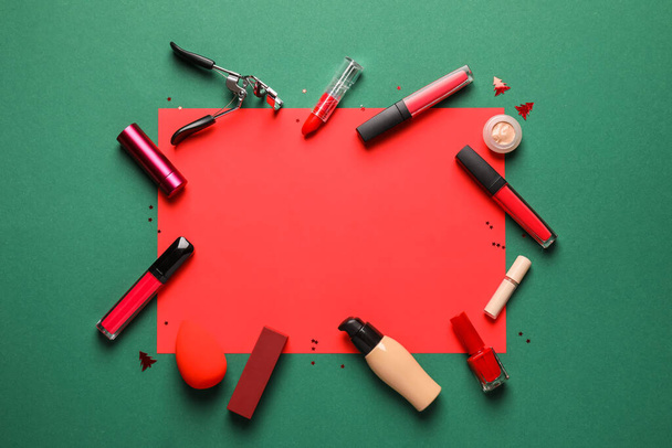 Frame made of makeup supplies on color background - Foto, immagini