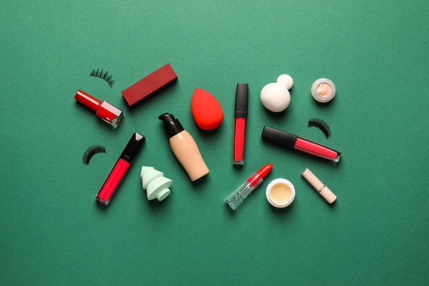 Makeup supplies on color background - Φωτογραφία, εικόνα