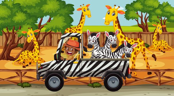 Scena safari con molte giraffe e zebre sull'illustrazione del camion - Vettoriali, immagini