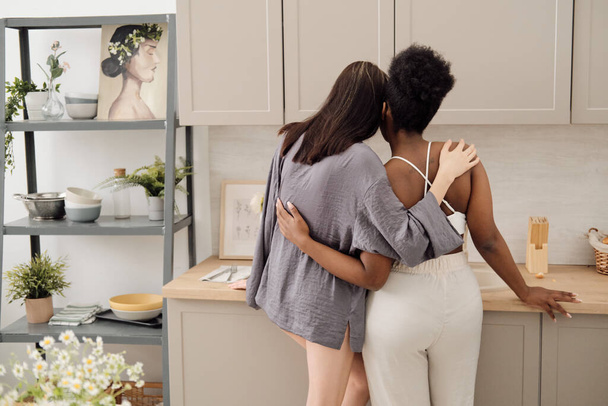 Rear view of lesbian couple standing in embrace - Photo, Image