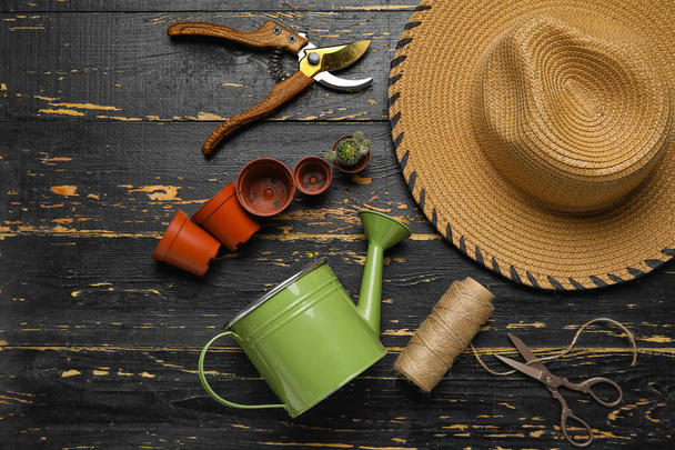 Watering can, houseplant and gardening tools on dark wooden background - Foto, afbeelding